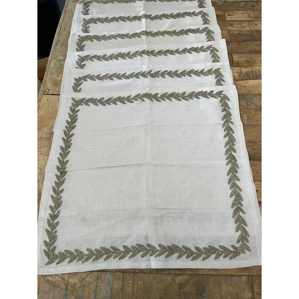 Allen + Roth Embroidered Linen Napkins Set of 6 Beige with Gold Leaves